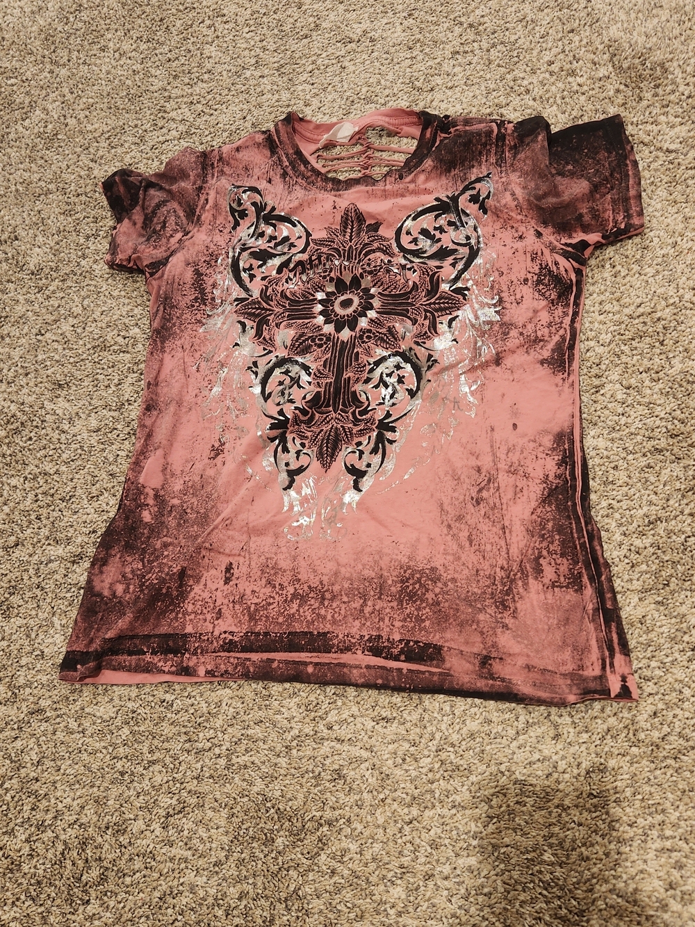 Affliction Women's Distressed Rose Pink Graphic Tee with Ornate Cross